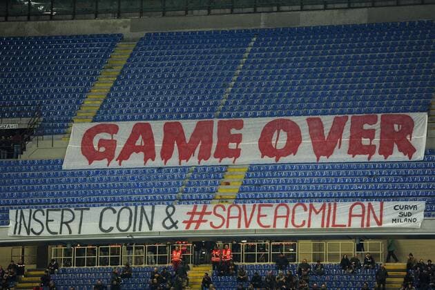 Football, Italy, Serie A, poster campaign, AC Milan fans worry about their club's financial situation