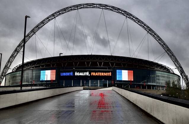Football, International match, England - France, Liberty, Equality, Fraternity - Lettering at Wembley Stadium in London