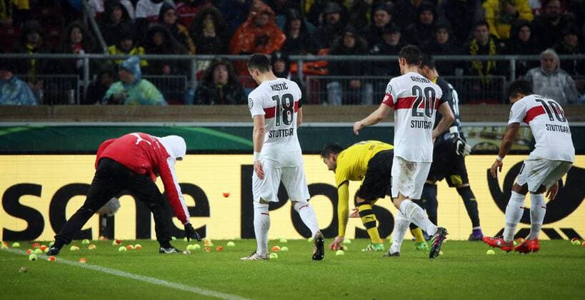 Football, DFB Cup, Fans throw tennis balls onto the pitch, VfB Stuttgart - Borussia Dortmund