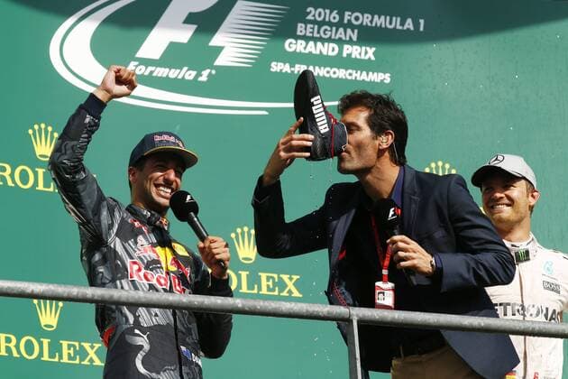 Formula 1, Belgian GP, Marc Webber drinks from a shoe during the victory ceremony