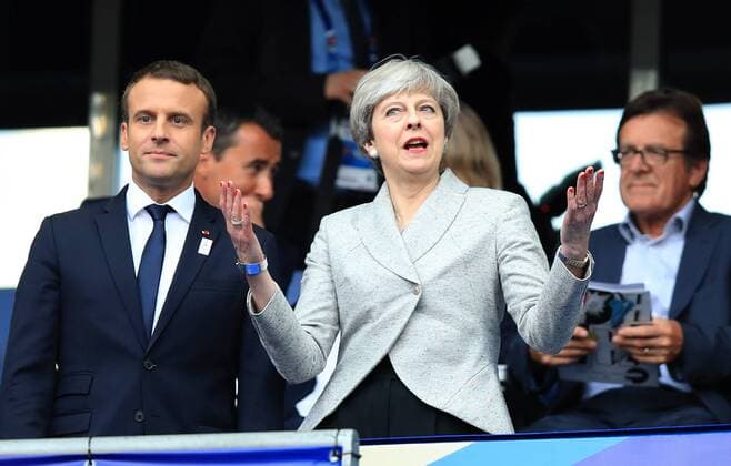 Football, France - England, Macron and May in the stands