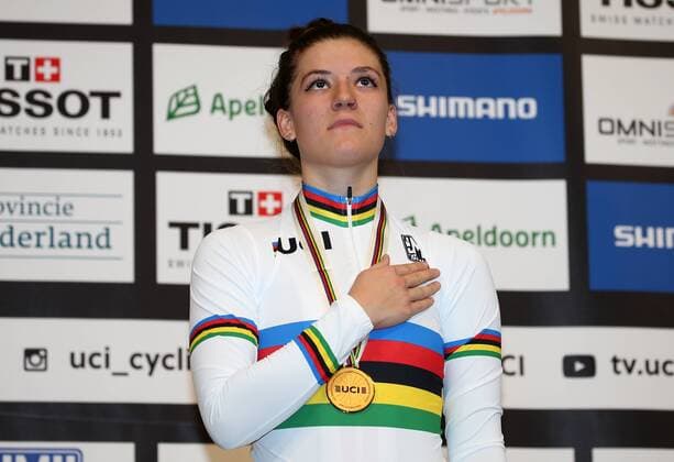 Track cycling world championships Apeldoorn, individual pursuit women, award ceremony with world champion Chloe Dygert