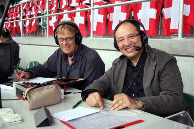 Football, Volker Finke acts as co-commentator for Swiss television during the EURO