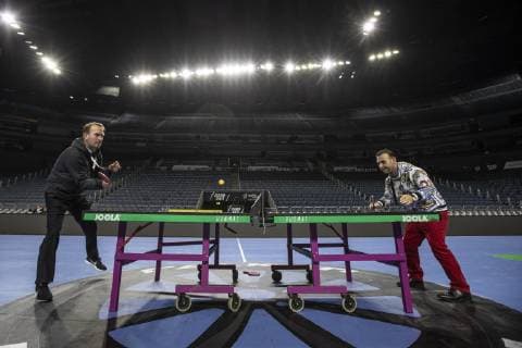 Handball World Cup, Bob Hanning and Stefan Löcher play table tennis in the Lanxess Arena