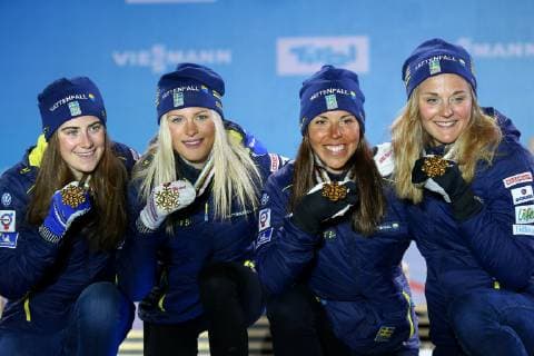 Nordic World Ski Championships in Seefeld, 4x5km relay women, award ceremony