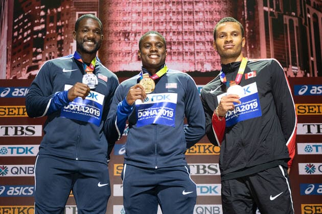 World Championships in Athletics in Doha, 100m, award ceremony with winner Christian Coleman