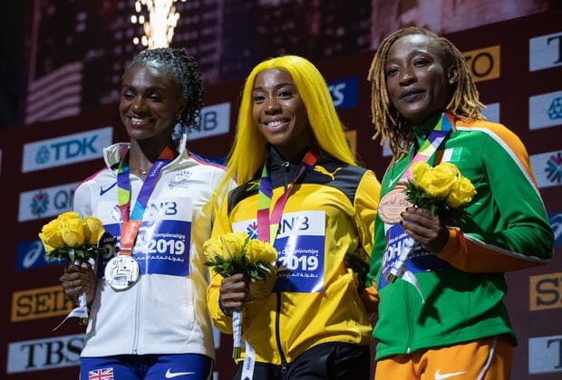 Athletics WM in Doha, women, 100m, award ceremony