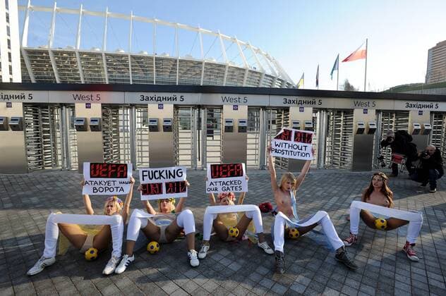 Football, EURO 2012, Group Draw, FEMEN protests in front of the Olympic Stadium in Kiev