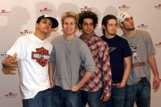 V.l.n.r. Erik Michael Estrada, Ashley Parker Angel, Trevor Lee Scott Penick, Jacob Christopher Underwood, Dan Mark Miller (O-Town USA) am Rande der ECHO-Verleihung in Berlin