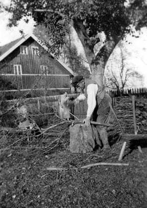 Landwirt hackt Holz auf einem Bauernhof in Skuldeinen - Ostpreußen