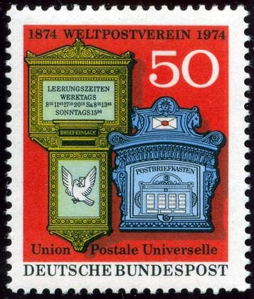Briefmarke der Deutschen Bundespost über 50 Pfennig aus dem Jahre 1974 - 100 JAHRE WELTPOSTVEREIN