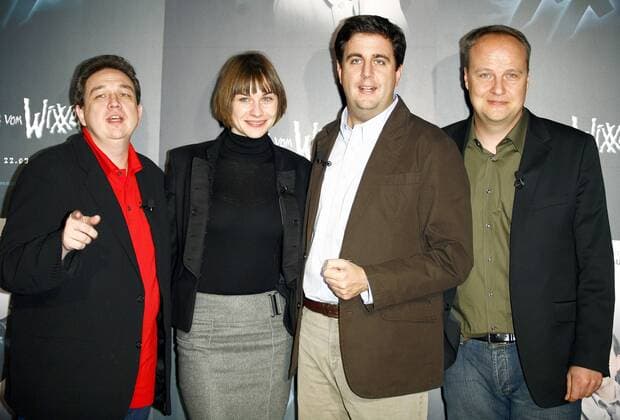 V.l.n.r.: Schauspieler Oliver Kalkofe, Christiane Paul, Bastian Pastewka und Oliver Welke (alle GER) anlässlich eines Pressetermins zum Film - Neues vom Wixxer - in Köln