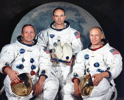 IMAGO History, Mondlandung der Apollo 11 am 20.07.1969 V.l.n.r.: Astronauten Neil Alden Armstrong, Michael Collins und Buzz Edwin Eugene Aldrin (alle USA) - der Mission Apollo 11 -  - KSC99071521
