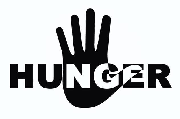 Kampf gegen Armut - Abwehrende Hand vor dem Wort Hunger