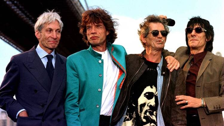 The Rolling Stones (GBR) - v.l.n.r.: Schlagzeuger Charlie Watts, Sänger Mick Jagger, Gitarrist Keith Richards und Bassist Ronnie Wood während einer Pressekonferenz anlässlich ihrer - Bridges To Babylon Tour - in New York -  - NYP97081805