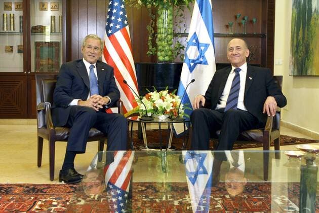 Präsident George W. Bush (li., USA) und Premierminister Ehud Olmert (Israel) in Jerusalem - 