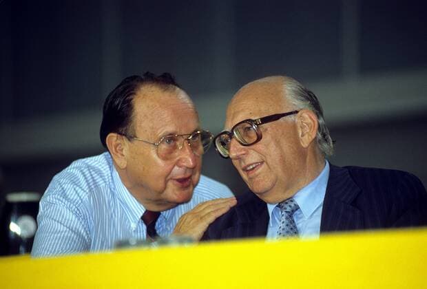 Außenminister Hans Dietrich Genscher (li., Deutschland FDP) und Wolfgang Mischnick (FDP)