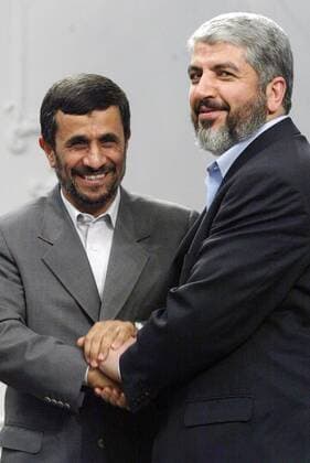 Präsident Mahmoud Ahmadinejad (li., Iran) und Khaled Meshaal (Palästina Hamas-Führer) während eines Treffens in Teheran  (iri20080526101)