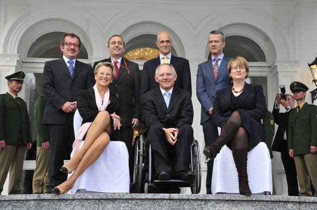 Vorn v.l.n.r.: Innenministerin Michele Alliot-Marie (Frankreich), Innenminister Wolfgang Schäuble (Deutschland CDU) und Jacqui Smith (Großbritannien), hinten v.l.n.r.: Roberto Maroni (Italien), Grzegorz Schetyna (Polen), Michael Chertoff (USA), Antonio Camacho Vizcaino (Spanien) anlässlich eines Treffens in Bonn