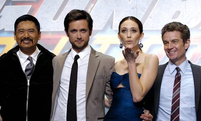 V.l.n.r.: Schauspieler Chow Yun Fat, Justin Chatwin, Emmy Rossum, James Marsters anlässlich der Filmpremiere von - Dragonball Evolution - in Tokio  - (TKP2009031009)