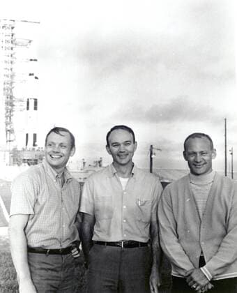 IMAGO History, Mondlandung der Apollo 11 am 20.07.1969 Astronauten Neil Armstrong (li.), Michael Collins (2.v.li) im Kennedy Space Center - Vorbereitungen für die Mission zum Mond  WAX20090602709
