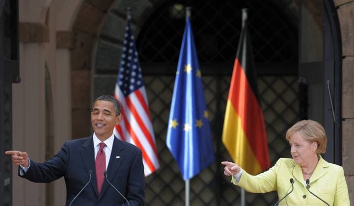 Präsident Barack Obama (USA) und Bundeskanzlerin Angela Merkel (Deutschland CDU) während einer gemeinsamen Pressekonferenz in Dresden