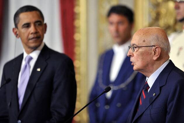 Präsident Barack Obama (li., USA) und Präsident Giorgio Napolitano (Italien) während eines Treffens am Rande des G8-Gipfels in Rom 