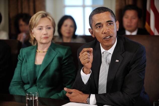U.S. President Barack Obama, flanked by Secretary of State Hillary Clinton, speaks during a meeting with members of the Cabinet in the Cabinet Room on September 10, 2009 at the White House in Washington. During the meeting President Obama said he accepts the apology of Congressman Joe Wilson (R-SC) for yelling out You Lie during Obama s speech on healthcare reform to a joint session of Congress last night. UPI Olivier Douliery POOL President Obama meets with his Cabinet at White House  WAX2009091008