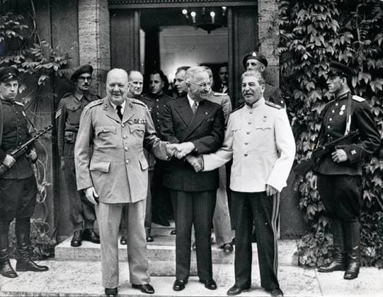 Jul 23, 1945; Postdam, Germany; SIR WINSTON CHURCHILL, HARRY S. TRUMAN and JOSEPH STALIN standing outside Churchill s residence in Postdam. Postdam Germany  - ZUMAk09