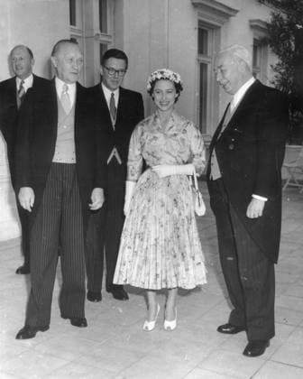 Jul 13, 1954 - Bonn, Germany - The PRINCESS MARGARET, Countess of Snowdon was the younger daughter of George VI and Queen Elizabeth, and the late younger sister of the current monarch of each of the Commonwealth Realms, Elizabeth II. She held the title Countess of Snowdon by marriage. PICTURED: German Chancellor KONRAD ADENAUER, PRINCESS MARGARET and German president THEODOR HEUSS during a meeting in Hammerschmidt Villa. Bonn Germany  - ZUMAk09