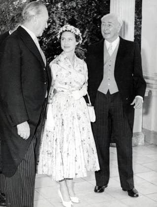 Jul 13, 1954 - Bonn, Germany - The PRINCESS MARGARET, Countess of Snowdon was the younger daughter of George VI and Queen Elizabeth, and the late younger sister of the current monarch of each of the Commonwealth Realms, Elizabeth II. She held the title Countess of Snowdon by marriage. PICTURED: German Chancellor KONRAD ADENAUER, PRINCESS MARGARET and German president THEODOR HEUSS during a meeting in Hammerschmidt Villa. Bonn Germany  - ZUMAk09
