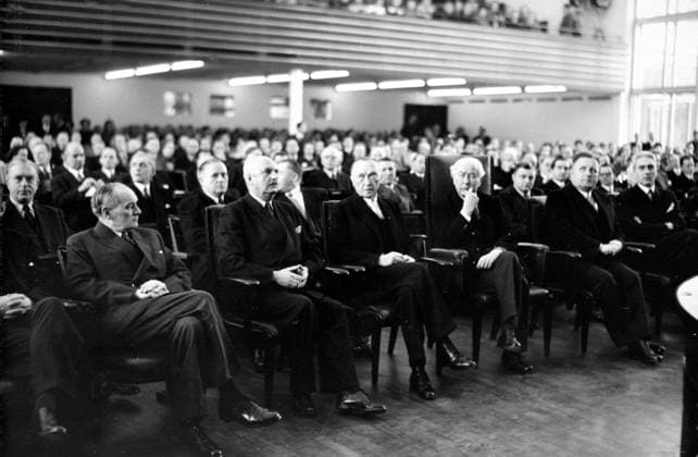 Jan 01, 1955 - Bonn, Germany - West Germany s first chancellor KONRAD ADENAUER began his career in politics as a member of the Cologne City Council, becoming lord mayor of the city. After the Nazis came to power in 1933, Adenauer, who had not hidden distaste for them, lost his positions, was forced to go into exile for a year in an abbey and was later interned in a prison camp. Adenauer was elected Chancellor of the Federal Republic of Germany on 15 September 1949. His main aim was to ensure West Germany s transition to a sovereign, democratic state. He held power for the next fourteen years and during that time played an important role in restoring good relations with France and the United States. PICTURED: KONRAD ADENAUER on a conference on education - from the left; Prof. MARSHALL, ROBERT LEHR, KONRAD ADENAUER, THEODOR HEUSS, LEON BERARD. Bonn Germany  - ZUMAk09