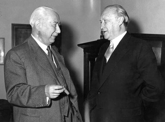 Jun 06, 1955; Bonn, Germany; President Prof. THEODOR HEUSS came to Bonn from a talk with Henry Kissinger. The picture shows President Heuss back in Bonn with Dr. ADENAUER during a long meeting they had together. Bonn Germany  - ZUMAk09