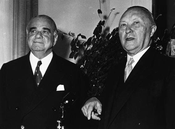 Jul 04, 1955 - Bonn, Germany - West Germany s first chancellor KONRAD ADENAUER began his career in politics as a member of the Cologne City Council, becoming lord mayor of the city. After the Nazis came to power in 1933, Adenauer, who had not hidden distaste for them, lost his positions, was forced to go into exile for a year in an abbey and was later interned in a prison camp. Adenauer was elected Chancellor of the Federal Republic of Germany on 15 September 1949. His main aim was to ensure West Germany s transition to a sovereign, democratic state. He held power for the next fourteen years and during that time played an important role in restoring good relations with France and the United States. PICTURED: KONRAD ADENAUER (right) receiving first Secretary General of NATO Lord HASTINGS ISMAY in Bonn to talks on Federal Republic of Germany and NATO connection. Bonn Germany  - ZUMAk09