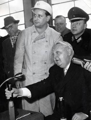 Jan 17, 1956 - Walsum, Germany - As Germany s minister of economic affairs from 1949 to 1963, LUDWIG ERHARD crafted the plan for West Germany s post-World War II economic recovery, sometimes called the German economic miracle. In 1957 he was named vice chancellor, and in 1963 he succeeded Konrad Adenauer as chancellor. In late 1966, Erhard s government fell after the four Free Democratic party ministers in his cabinet resigned and left him without a ruling majority in the federal parliament. PICTURED: LUDWIG ERHARD visiting a coal mine. Walsum Germany  - ZUMAk09