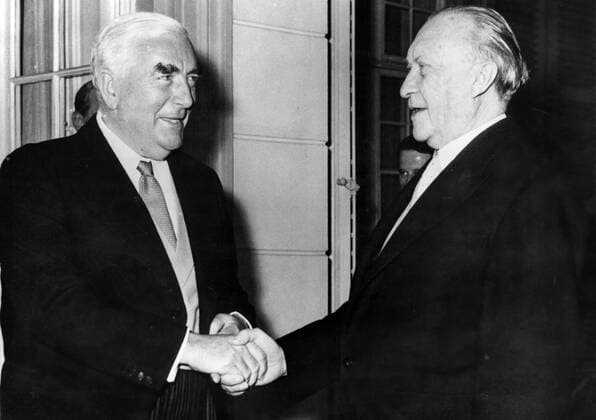 Jul 18, 1956; Bonn, Germany; Australian Prime Minister, Mr. Menzies, arrived in Bonn on a four day official visit. The picture shows Mr. ROBERT GORDON MENZIES being received by Dr. KONRAD ADENAUER, the German Chancellor on his arrival in Bonn. Bonn Germany  - ZUMAk09