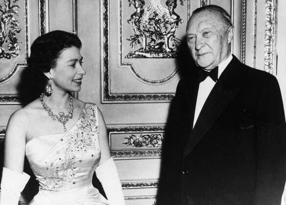 Apr 16, 1958 - London, England, UK - West Germany s first chancellor KONRAD ADENAUER began his career in politics as a member of the Cologne City Council, becoming lord mayor of the city. After the Nazis came to power in 1933, Adenauer, who had not hidden distaste for them, lost his positions, was forced to go into exile for a year in an abbey and was later interned in a prison camp. Adenauer was elected Chancellor of the Federal Republic of Germany on 15 September 1949. His main aim was to ensure West Germany s transition to a sovereign, democratic state. He held power for the next fourteen years and during that time played an important role in restoring good relations with France and the United States. PICTURED: KONRAD ADENAUER and QUEEN ELIZABETH II. London UK  - ZUMAk09