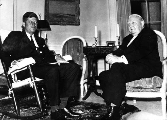 Jan 01, 1962 - Washington, District of Columbia, USA - Born into a rich, politically connected Boston family JOHN F. KENNEDY was the youngest person elected U.S. President and the first Roman Catholic to serve in that office. For many observers, his presidency came to represent the ascendance of youthful idealism in the aftermath of World War II. The promise of this energetic and telegenic leader was not to be fulfilled, as he was assassinated near the end of his third year in office. His shocking death stood at the forefront of a period of political and social instability in the country and the world. PICTURED: JOHN F. KENNEDY and Chancellor of West Germany LUDWIG ERHARD in the White House. Washington USA  - ZUMAk09