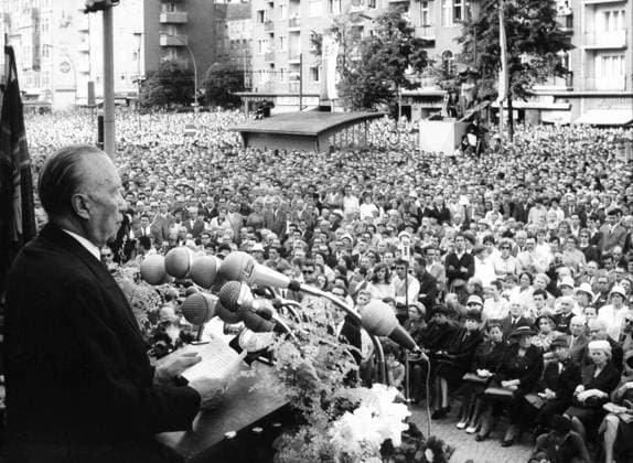 Jun 17, 1962; Berlin, Germany; 150 000 Berliners come to a demonstration on the day of the German unity to the Schoeneberger townhall. They remember the victims of the people insurrection on June 17th, 1953 in the Soviet zone and the unkown victims of the wall. The picture shows Chancellor Dr. KONRAD ADENAUER speaking to the Berliners. Berlin Germany  - ZUMAk09