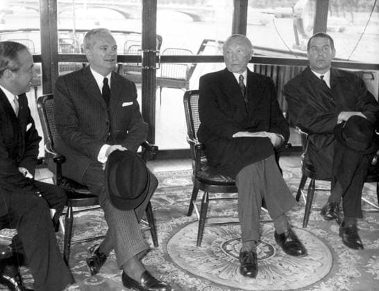 Jul 04, 1962; Paris, France; The German Chancellor Dr. KONRAD ADENAUER took a cruise at the Seine on the Borde Fretigny. He was received at the Hotel De Ville by Christian Taittinger in Paris. On board of the Borde Fretigny were, His Excellence, Federal Germany Ambassador Mr. BLANKENHORN, Minister of the interior, Mr. FREY, Chancellor KONRAD ADENAUER and Federal Minister of Foreign Affaires, Mr. SCHROEDER. Paris France  - ZUMAk09