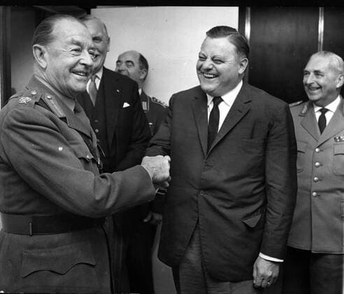 Oct 17, 1962; Cologne, Germany; The British Field Marshal HAROLD ALEXANDER visits the Federal Republic of Germany for five days. The Field Marshal was from 1952 until 1954 the defence minister of Great Britain. he will see the roops of Germany. The picture shows (from L-R) Field Marshal Alexander, Defence Minister FRANZ JOSEF STRAUSS (CSU) and General FRIEDRICH ALBERT FOERTSCH. Cologne Germany  - ZUMAk09