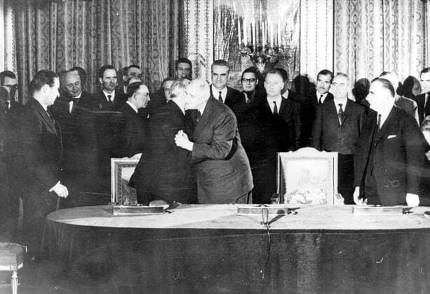 Jan 22, 1963 - Paris, France - German statesman KONRAD ADENAUER and CHARLES DE GAULLE after concluding the Elysee Treaty also known as the Treaty of Friendship. It set the seal on reconciliation between the two countries. With it, Germany and France established a new foundation for relations that ended centuries of rivalry between them. CHARLES DE GAULLE was a French general and statesman, leader of the Free French during World War Two and the architect of the Fifth Republic. His political ideology, Gaullism , has become a major influence in French politics. Paris France  - ZUMAk09