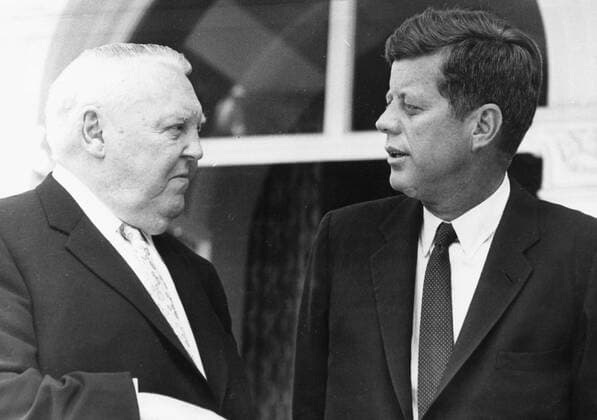 Jun 24, 1963; Bonn, Germany; After the arrival and the trip through Cologne, President JOHN F. KENNEDY went by car to Bonn, in the Villa Hammerschmidt in Bonn. The picture shows the German Minister of economy, Prof. Dr. LUDWIG ERHARD (L) talking with President Kennedy in Bonn. Bonn Germany  - ZUMAk09
