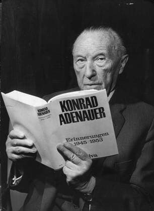 Jan 01, 1965 - Bonn, Germany - West Germany s first chancellor KONRAD ADENAUER began his career in politics as a member of the Cologne City Council, becoming lord mayor of the city. After the Nazis came to power in 1933, Adenauer, who had not hidden distaste for them, lost his positions, was forced to go into exile for a year in an abbey and was later interned in a prison camp. Adenauer was elected Chancellor of the Federal Republic of Germany on 15 September 1949. His main aim was to ensure West Germany s transition to a sovereign, democratic state. He held power for the next fourteen years and during that time played an important role in restoring good relations with France and the United States. PICTURED: KONRAD ADENAUER holding an edition of his memoirs. Bonn Germany  - ZUMAk09