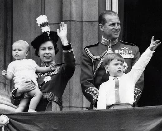 Jun 12, 1965 - London, England, UK - The elder daughter of King George VI and Queen Elizabeth, ELIZABETH WINDSOR (named Elizabeth II) became Queen at the age of 25, and has reigned through more than five decades of enormous social change and development. For more than 50 years, during a period of great social change, The Queen has carried out her political duties as Head of State, the ceremonial responsibilities of the Sovereign and an unprecedented programme of visits in the United Kingdom, Commonwealth and overseas. PICTURED: QUEEN ELIZABETH, PRINCE PHILIP, PRINCE EDWARD and PRINCE ANDREW on the day of Queen s Birthday. London UK  - ZUMAk09