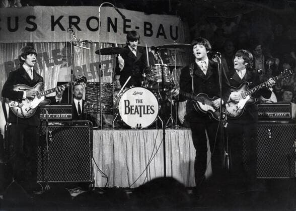 Jun 25, 1966; Munich, Germany; The famous Liverpool pop group, THE BEATLES, during their concert in Circus Krone, Munich. From left to right are, GEORGE HARRISON, RINGO STARR, PAUL McCARTNEY and JOHN LENNON. Munich Germany  - ZUMAk09