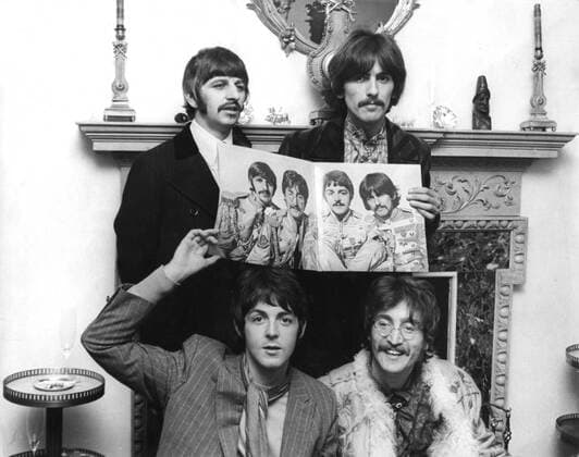 May 20, 1967; New York, NY, USA; The Beatles pictured in a good mood in a reception right after one of their songs was banned by the B.B.O. because they feared it might encourage drug taking. In the song from the disc Sargeant Pepper s Lonely Hearts Club Band , John Lennon sings about a man who catches a bus, has a smoke and has daydreams. The son, A Day in this Life , had already been banned by some U.S. broadcasting stations. (Top LtoR) RINGO STARR, GEORGE HARRISON, PAUL MCCARTNEY and JOHN LENNON. New York USA  - ZUMAk09
