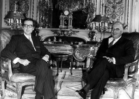 Apr 01, 1971 - Paris, France - In the presidential election, which followed the resignation of de Gaulle, GEORGES POMPIDOU was elected on the second ballot. He successfully continued the policies of his patron. The presidency of Pompidou witnessed the improvement of relations with the Soviet Union. Pompidou supported the entrance of the United Kingdom into the European Economic Community. Enjoying a stable government headed first by Jacques Chaban-Delmas and then by Pierre Messmer, Pompidou, who had a good connections with the business community, strengthened national economy. He unexpectedly died of Kahler disease at his home in Paris. PICTURED: Quebec s Prime Minister ROBERT BOURASSA meeting up with GEORGES POMPIDOU during his official visit to France. Paris France  - ZUMAk09