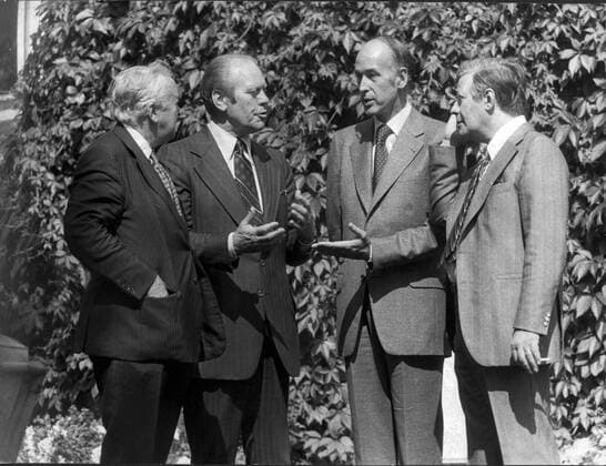 Aug 02, 1975; Helsinki, Finland; British Prime Minister Mr. HAROLD WILSON, American President GERALD FORD, President GISCARD D ESTAING and Chancellor of the German Federal Rep. HELMUT SCHMIDT at the park of the U.S. embassy in Helsinki. Helsinki Finland  - ZUMAk09