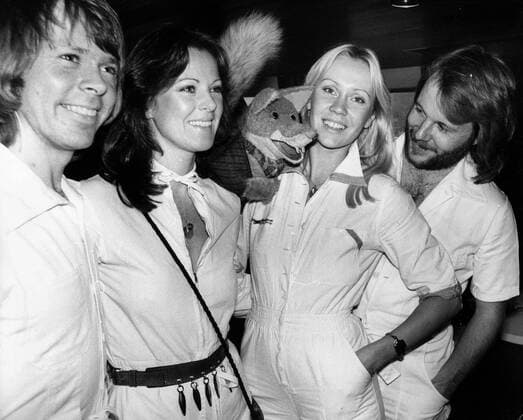 Nov 15, 1976; London, UK; The successful Swedish pop group ABBA, who won the Eurovision contest with Waterloo and have since sold almost million singles and staggering twelve million LP s, are currently in London to promote their new album Arrival. The picture shows BJORN ULVAEUS, Anni FRID LYNGSTAD, AGNETHA FALTSKOG and BENNY ANDERSSON being greeted by BASIL BRUSH, the tv puppet on board the Mayflower Garden, when they took a trip the Thames after their arrival in London. London UK  - ZUMAk09